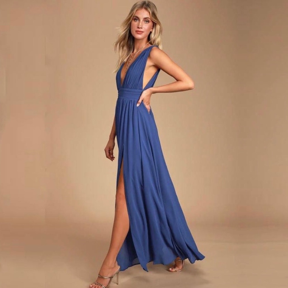 Lulu's Heavenly Hues Royal Blue Maxi Dress Medium Georgette Side Slit #6472
